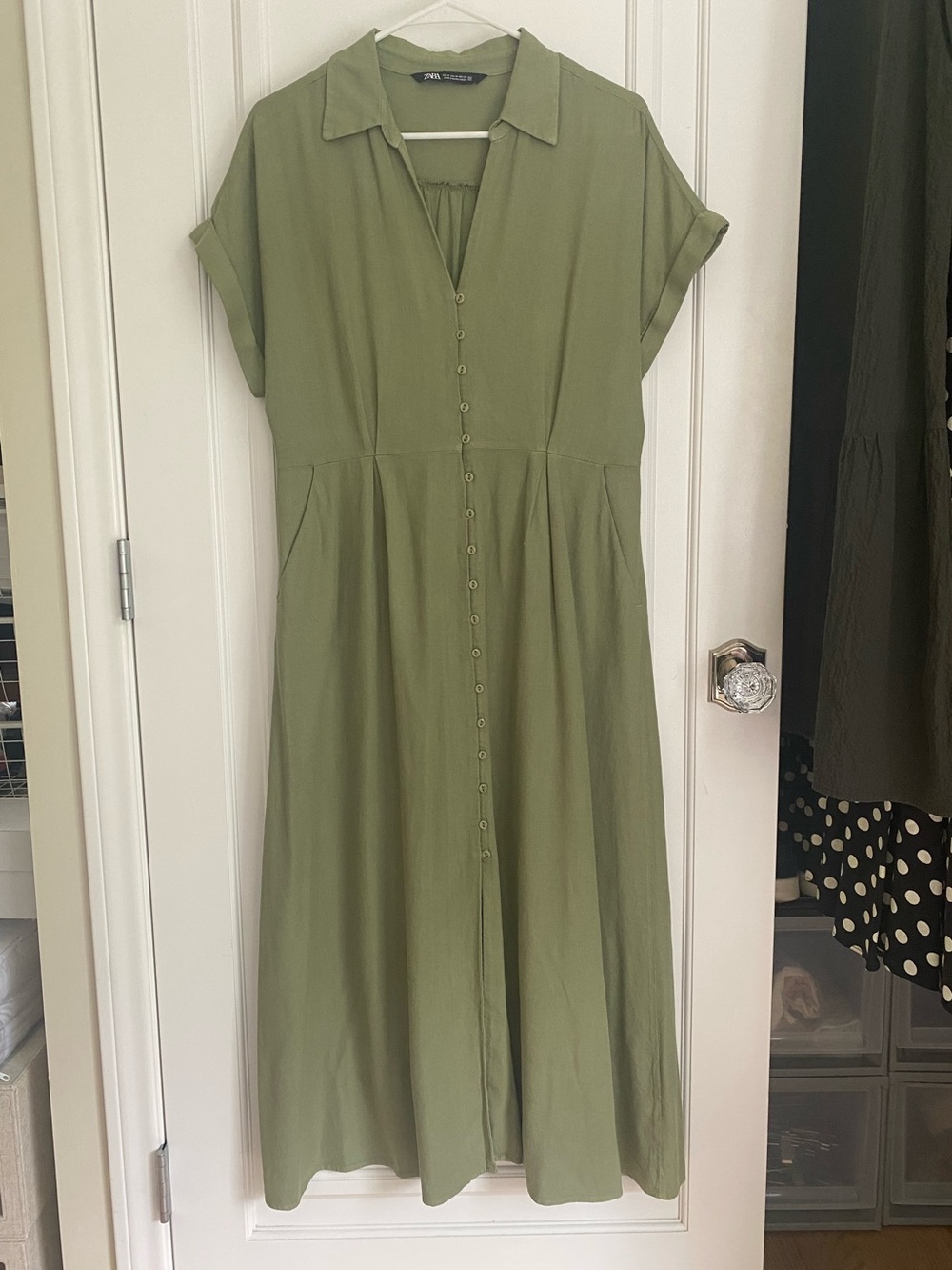 Zara Olive Green Button-Front Midi Dress